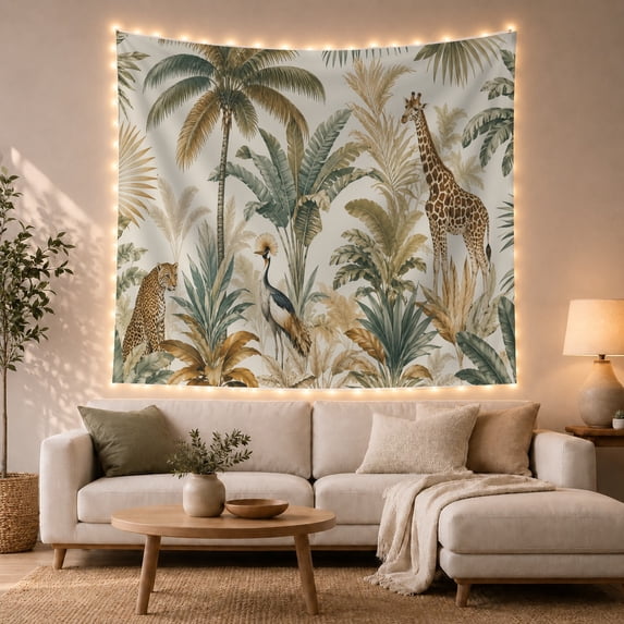 Cats Botanical Jungle with Pale Giraffe Stands Right, Nostalgic Vintage for Botanical Art Lovers, Botanical Wall Art, Mother'S Day Gift, Tapestry Wall Hanging for Bedroom and Dorm