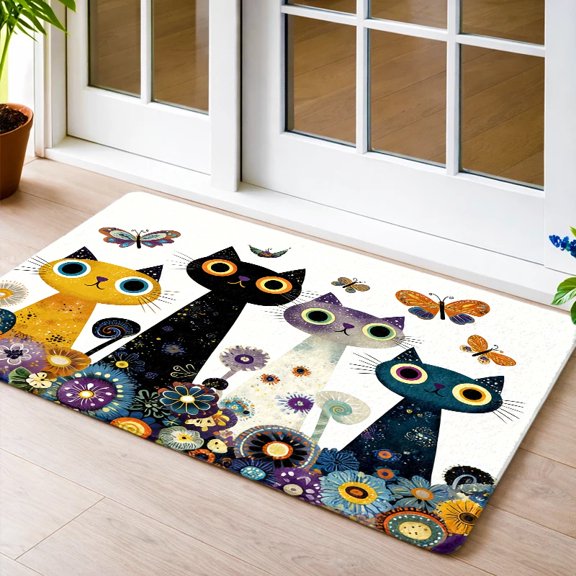 Cats Butterflies Flowers Non-Slip Door Mat, Flannel & Rubber Bottom, Washable Rug for Living Room, Bedroom, Kitchen, Bathroom, Balcony, Front Door, Outdoor Entry, Pet Mat, Bedside Carpet