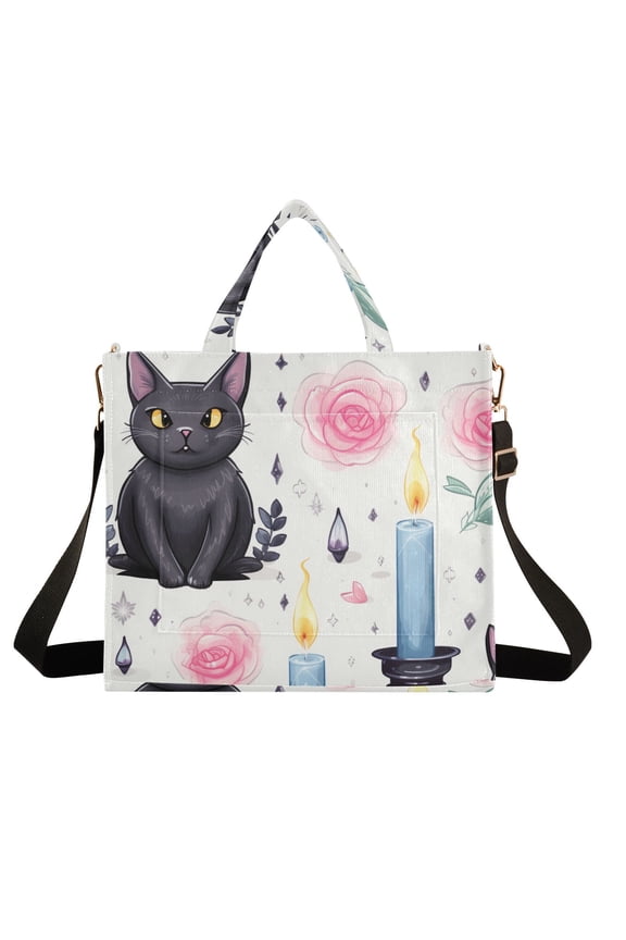 Cats Candles Roses Leaves Corduroy Tote Bag Handbag Large Messenger Bag Shoulder Crossbody Zipper Bag Purse