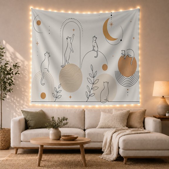 Cats with Celestial Arches and Circles on a White Background, Whimsical Celestial for Cat Lovers, Celestial Animal Decor, Halloween Gift Tapestry Wall Hanging for Bedroom and Living Room