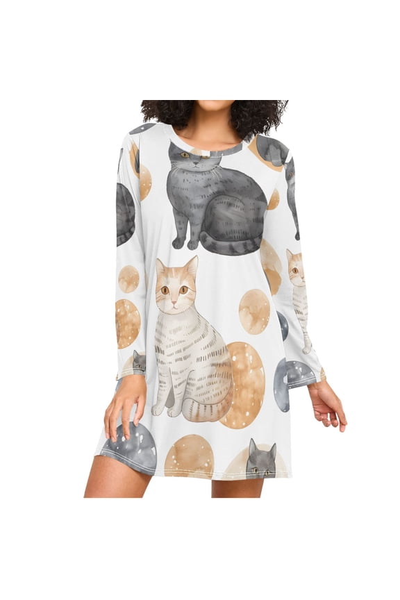 Cats Circles Watercolor Women's Long Sleeves Nightgowns Sleepwear Soft Pajama A-line Sleep Dress XXL