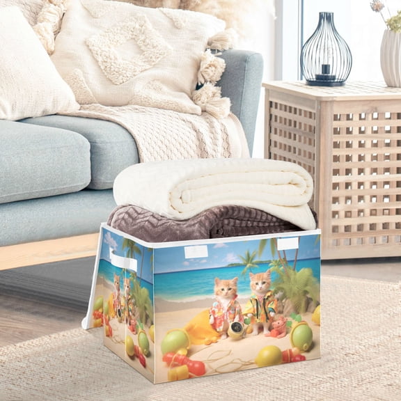 Cats Coconut Trees Sea Swimsuit Storage Basket Foldable Laundry Basket Shelf Kids Toy Storage Container Organizer with Handles