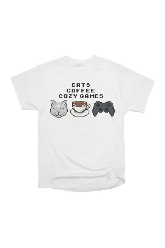 Cats Coffee Cozy Games Cute 8 Bit Retro Pixel T-Shirt Tee Gift For Him Merch For Her Appar