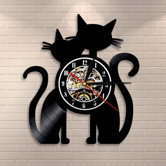 Cats Couple Vinyl Record Wall Clock Handmade Cats Ornament Cats Silhouette Wall Art Modern Decorative Wall Clock Cat Lovers Gift