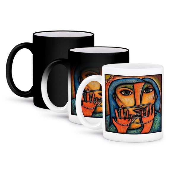 3dRose, Cats Cradle woman string abstract figure colorful, 11oz Magic Transforming Mug