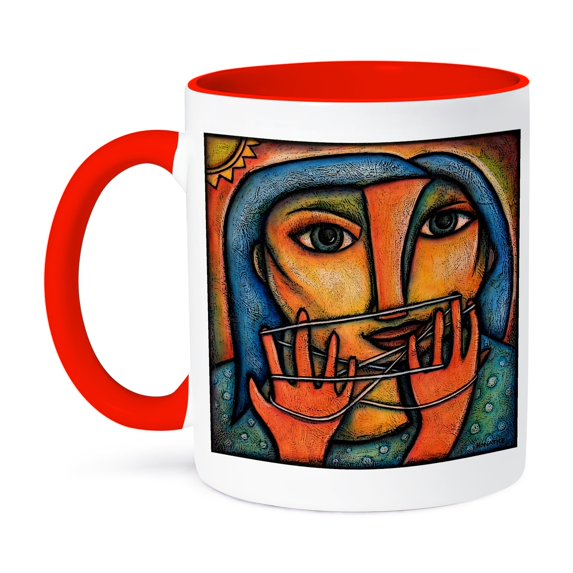 3dRose, Cats Cradle woman string abstract figure colorful, 11oz Two-Tone Red Mug