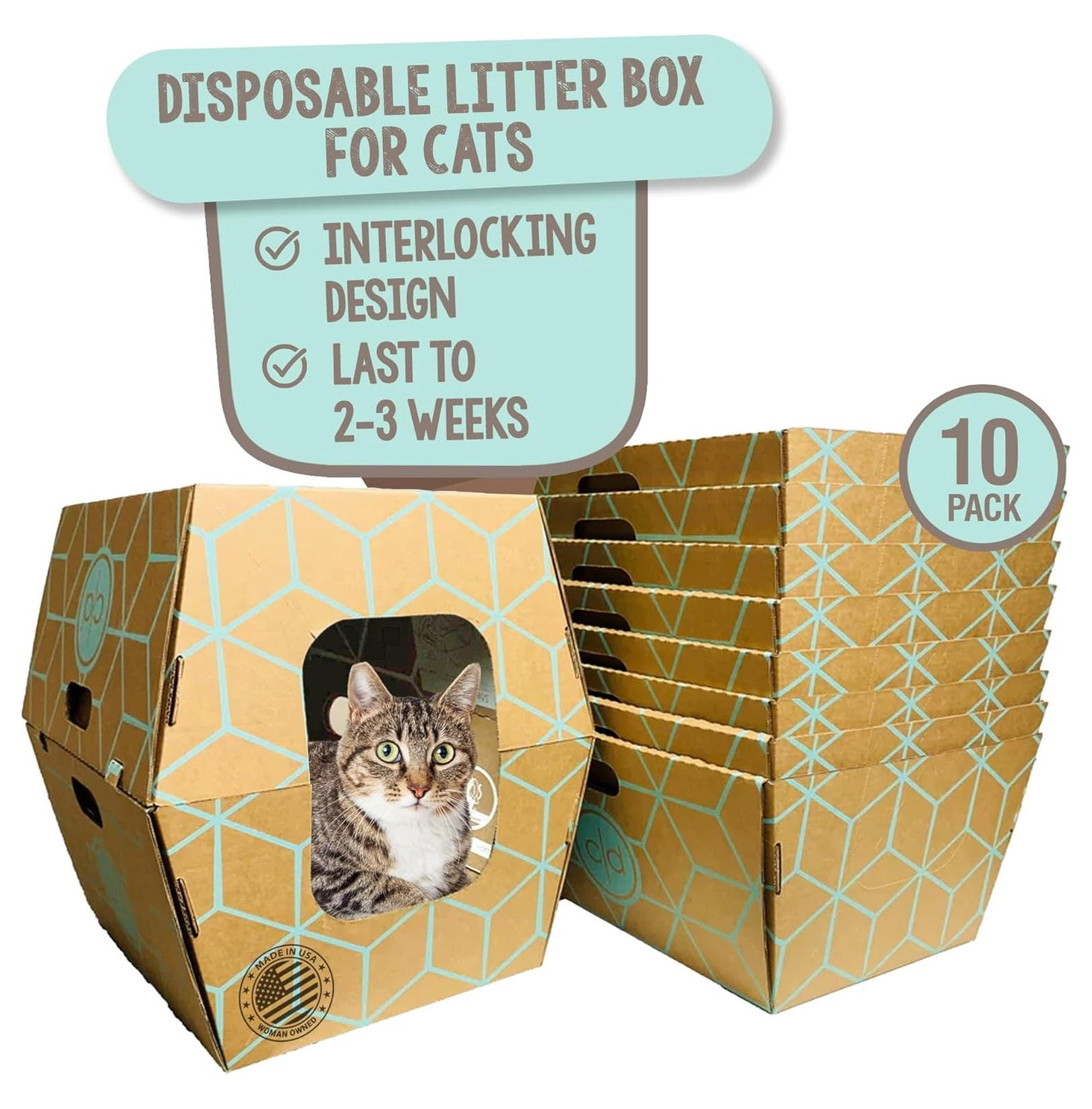 Cats Desire - 10 Trays, Disposable Litter Boxes for Cats Large No Plastic Cat Litter Box - USA, 19L x17W x 8.5"H tray 17 Inches Tall Enclosed Litter Box Cat uses14 years. Upgrade 200lb Material.