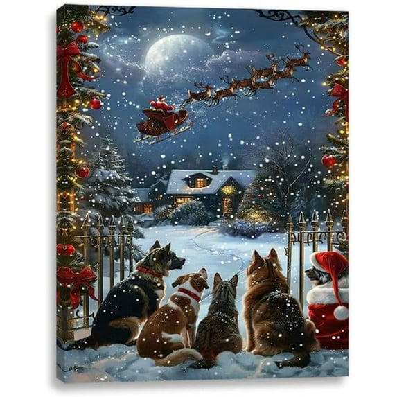 Cats Dogs Watching Santa Lighted Canvas Wall Art Print 16" x 12" With Timer | LED Canvas Wall Art Print Design | Modern Artwork for Living Room (Cats Dogs Watching Santa Claus, 16" x 12")