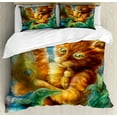 thumbnail image 1 of Cats Duvet Cover Set, Fantasy Painting Radiant Orange Cartoon Cat Peacock Feather Bird Dreamy, Decorative 3 Piece Bedding Set with 2 Pillow Shams, Queen Size, Orange Green Blue, by Ambesonne, 1 of 3
