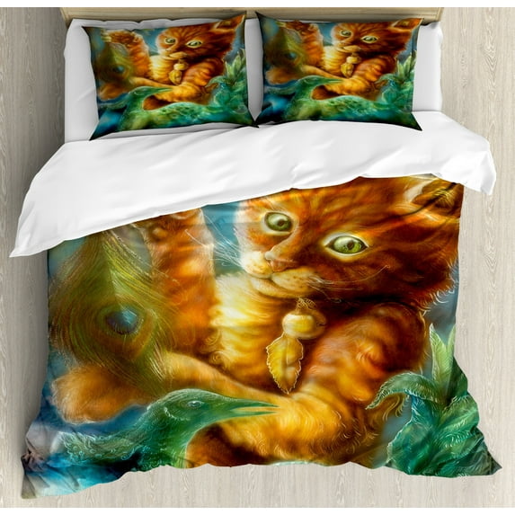 Cats Duvet Cover Set, Fantasy Painting Radiant Orange Cartoon Cat Peacock Feather Bird Dreamy, Decorative 3 Piece Bedding Set with 2 Pillow Shams, Queen Size, Orange Green Blue, by Ambesonne