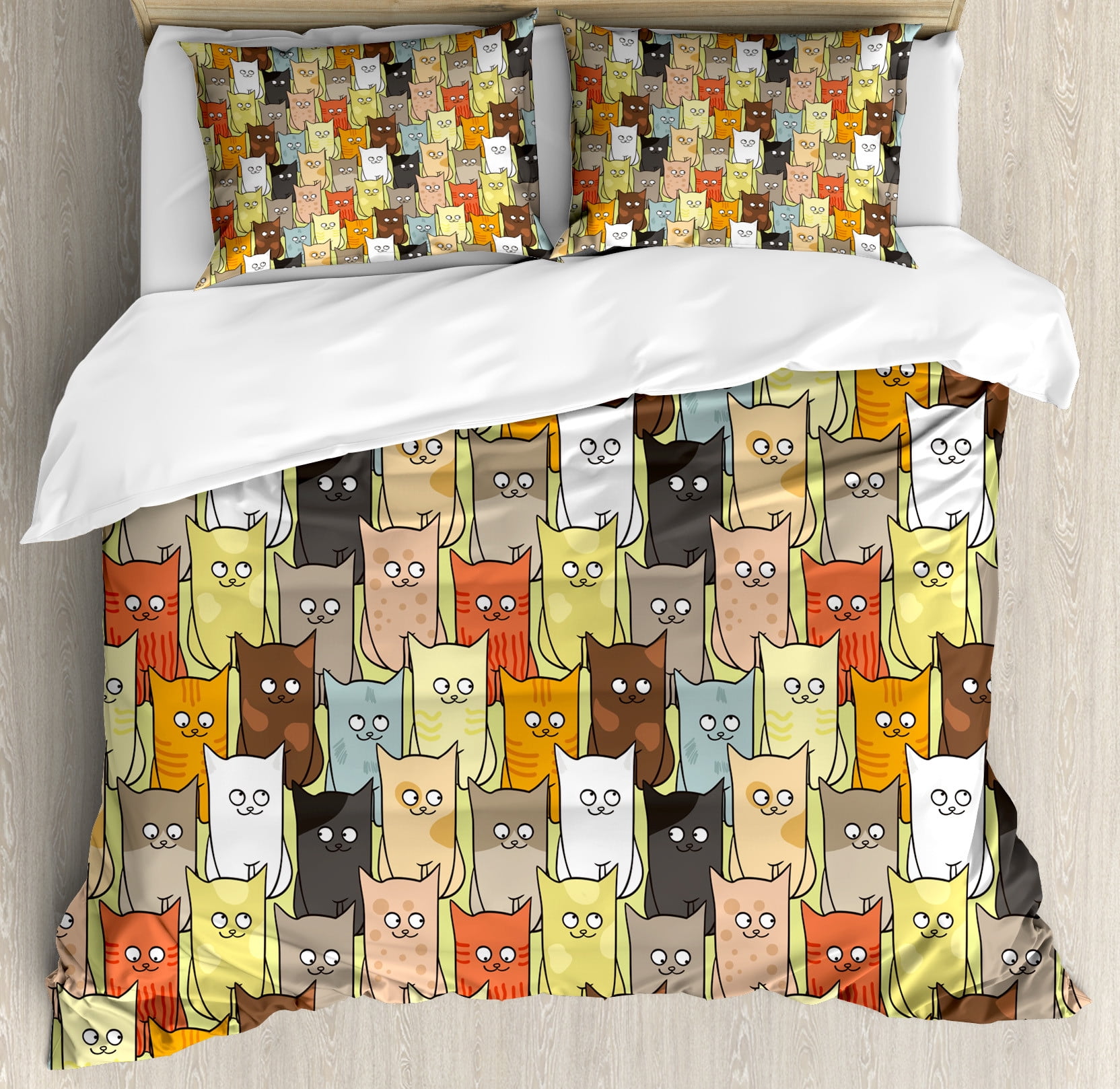 King Multicolor Cartoon Cats Microfiber Duvet Cover Set