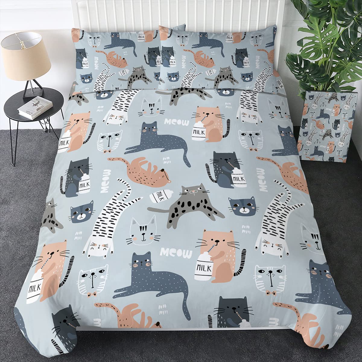 Cats Duvet Cover Set Grey and White Cats Bedding Set Cartoon Cats Comforter Set Girls Kawaii Cat