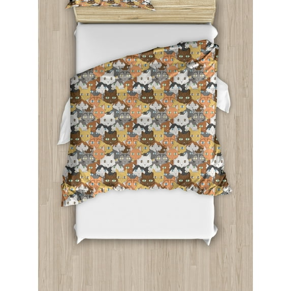 Cats Duvet Cover Set Twin Size, A Background Depicting the Faces of Different Types of Housecats with Smiley Faces, Decorative 2 Piece Bedding Set with 1 Pillow Sham, Multicolor, by Ambesonne