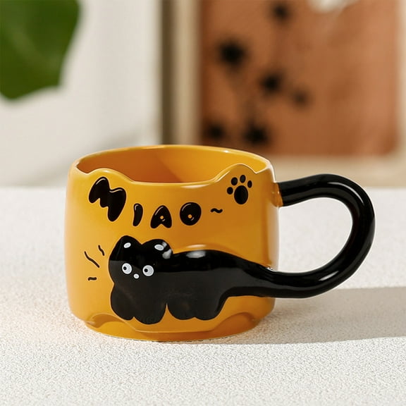 Cats Ear Ceramic Mugs, Overlapping Cats Mugs, Creatives Lazy Blacks Cats Mugs, Personalized Big Ear Coffee Mug, Tea Cup for Office and Home, Cartoons Cats Handcrafted Stoneware Ceramic Mugs