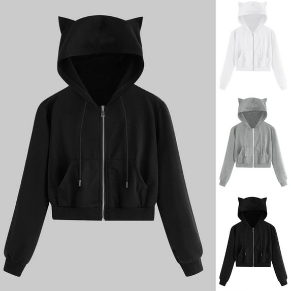 Cats Ears Crop Hoodies for Women Zip Up Long Sleeve Sweatshirts Side Pockets Drawstring Cute Casual Solid Color Blouses 2025 Y2K Fall Trendy Outfits
