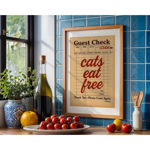 Cats Eat Free Guest Check Wall Art Print, Unframed Paper Poster 8x10in