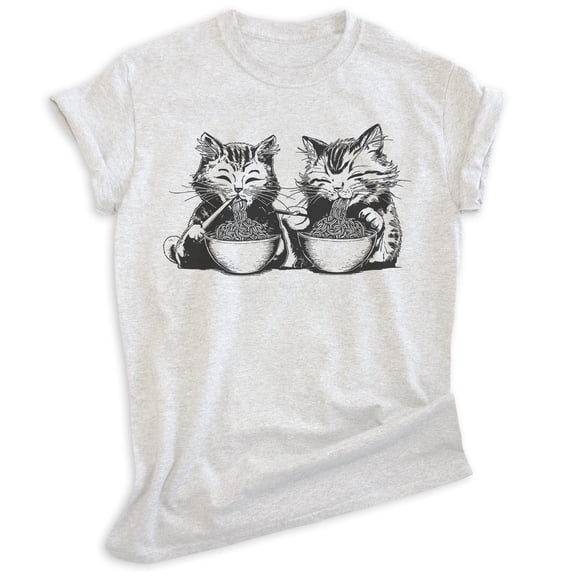 Cats Eating Ramen T-shirt, Unisex Women's Men's Shirt, Cute Cat Eating Ramen Noodles Funny Kitten, Heather Ash, Small