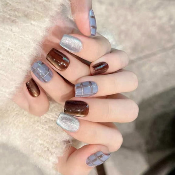 Short Square Fake Nails Acrylic False Nails Plaids Designs Artificial Nails Glues On Nails on Nails