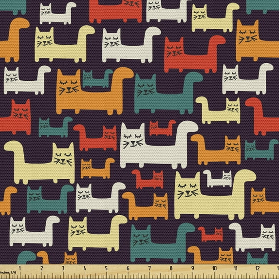 Ambesonne Cats Fabric by the Yard Upholstery, Cartoon Animals Composition, 3 Yards, Multicolor