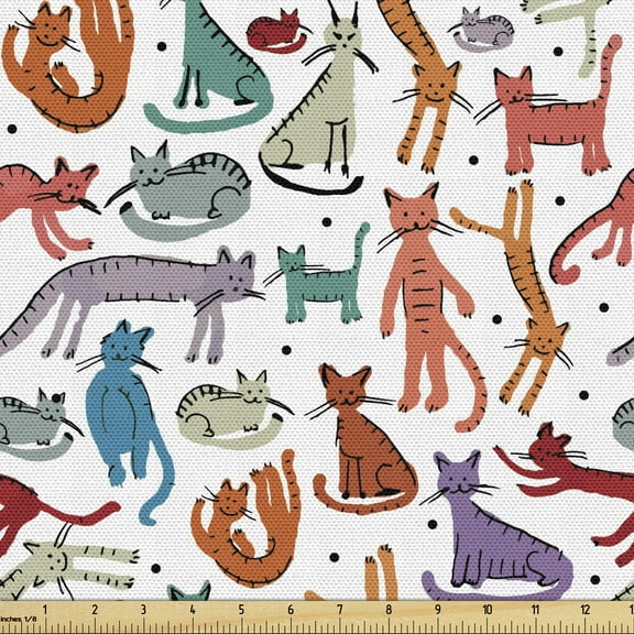 Ambesonne Cats Fabric by the Yard Upholstery, Colorful Sketch Composition, 1 Yard, Multicolor