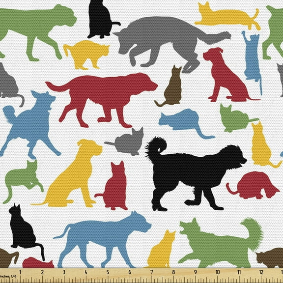 Cats Fabric by the Yard, Colorful Cats and Dogs Animal Silhouettes Domestic Pets Cartoon Canine Characters, Decorative Upholstery Fabric for Sofas and Home Accents, 1 Yard, Multicolor by Ambesonne