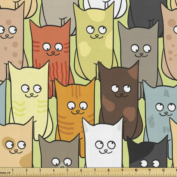 Ambesonne Cats Fabric by the Yard Upholstery, Funny Colored Cartoon, 2 Yards, Multicolor