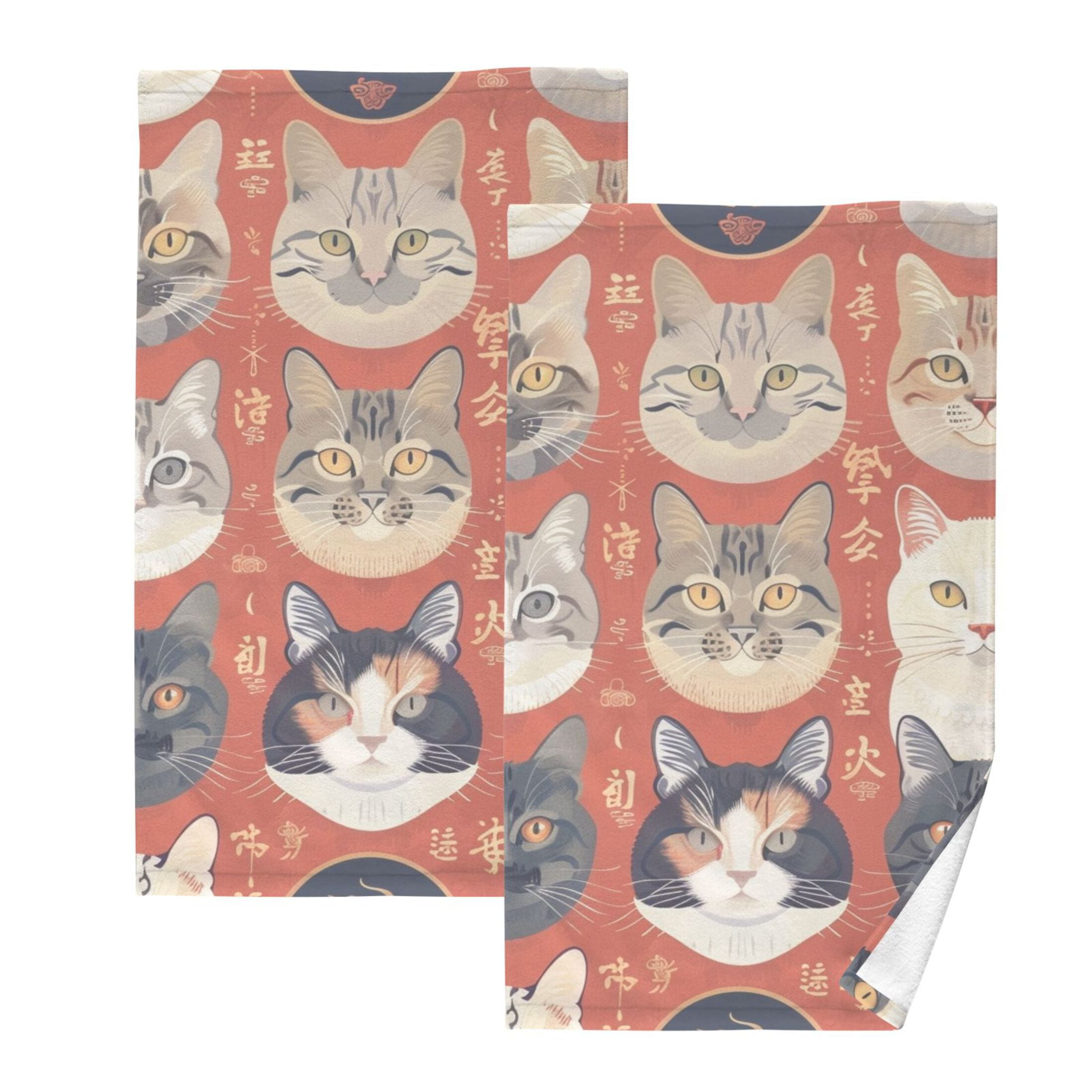 Cats Face 2 Pcs Hand Towel Set Cotton Absorbent Soft Face Towels Bath Towels for Bathroom Kitchen Shower Hotel Decor 16"x28"