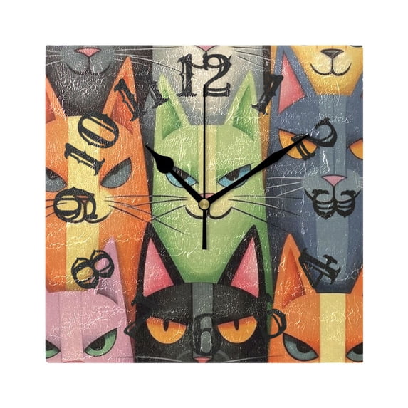 Cats Faces Wall Clock Square Silent Non Ticking Battery Operated Clock for Home Bathroom Kitchen Bedroom Living Room