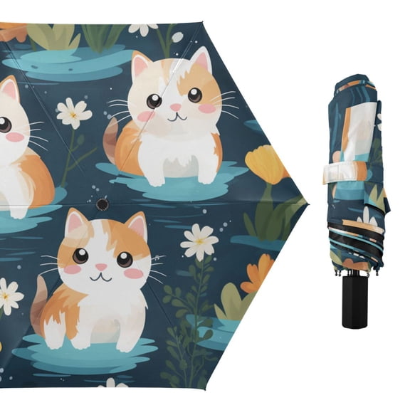Cats Floating on Water Flowers Leaves All Weather Umbrella Triple Folding Parasol 6 Ribs UV Protection Portable