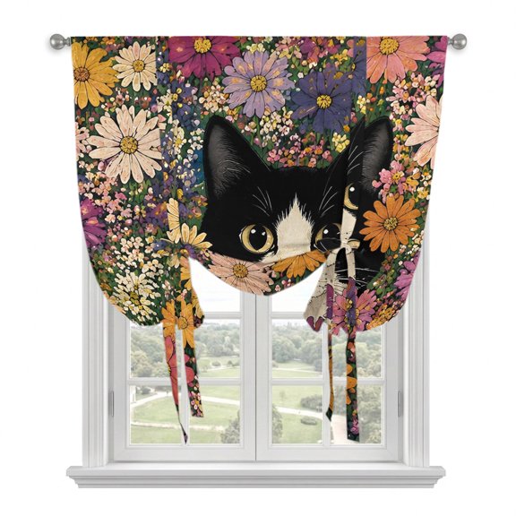 Cats Floral Tie Up Curtains for Windows, Adjustable Balloon Window Shades, Rustic Daisy Vintage Wildflowers Oil Painting Kitchen Window Treatments Farmhouse Short Curtains with Rod Pocket 42"x45"