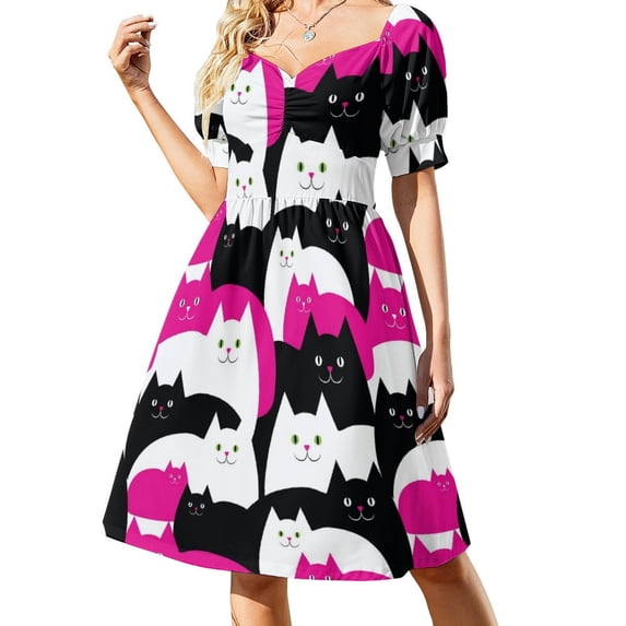 Cats Florals Dress Vintage Floral Print Elegant Dresses Lady Short Sleeve Street Fashion Casual Dress V Neck Oversized Vestidos
