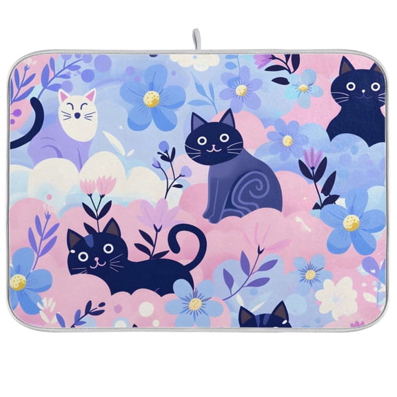 Cats Flowers Dish Drying Mats Kitchen Mat Microfiber Counter Absorbent Dish Pad Drainer Rack 18"x24"