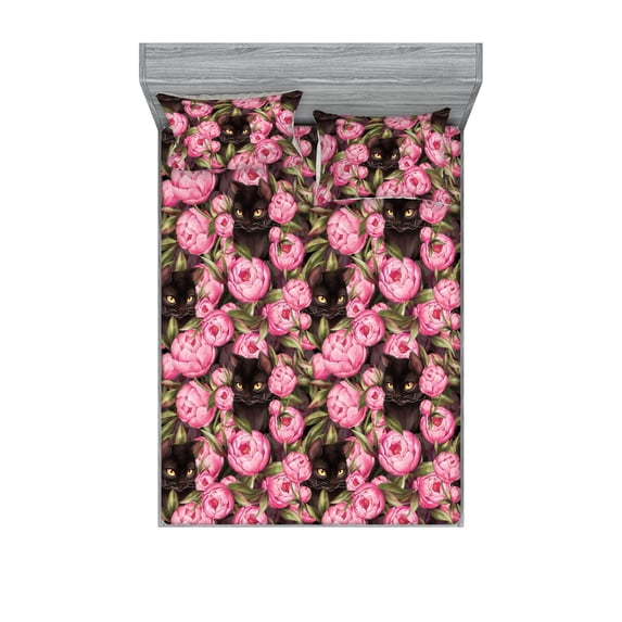 Cats and Flowers Fitted Sheet & Pillow Sham Set, Dreamy Black Tone Kitten in Garden Scene Blooms and Leaves, Decorative Printed 3 Piece Bedding Decor, Calking, Pastel Pink Peacock Green, by Ambesonne