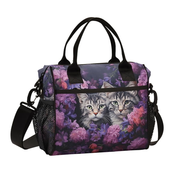 Cats Flowers Floral Purple Cooler Bag Lunch Bag Soft Cooler Cooling Tote Insulated Lunch Box for Adult Men Women