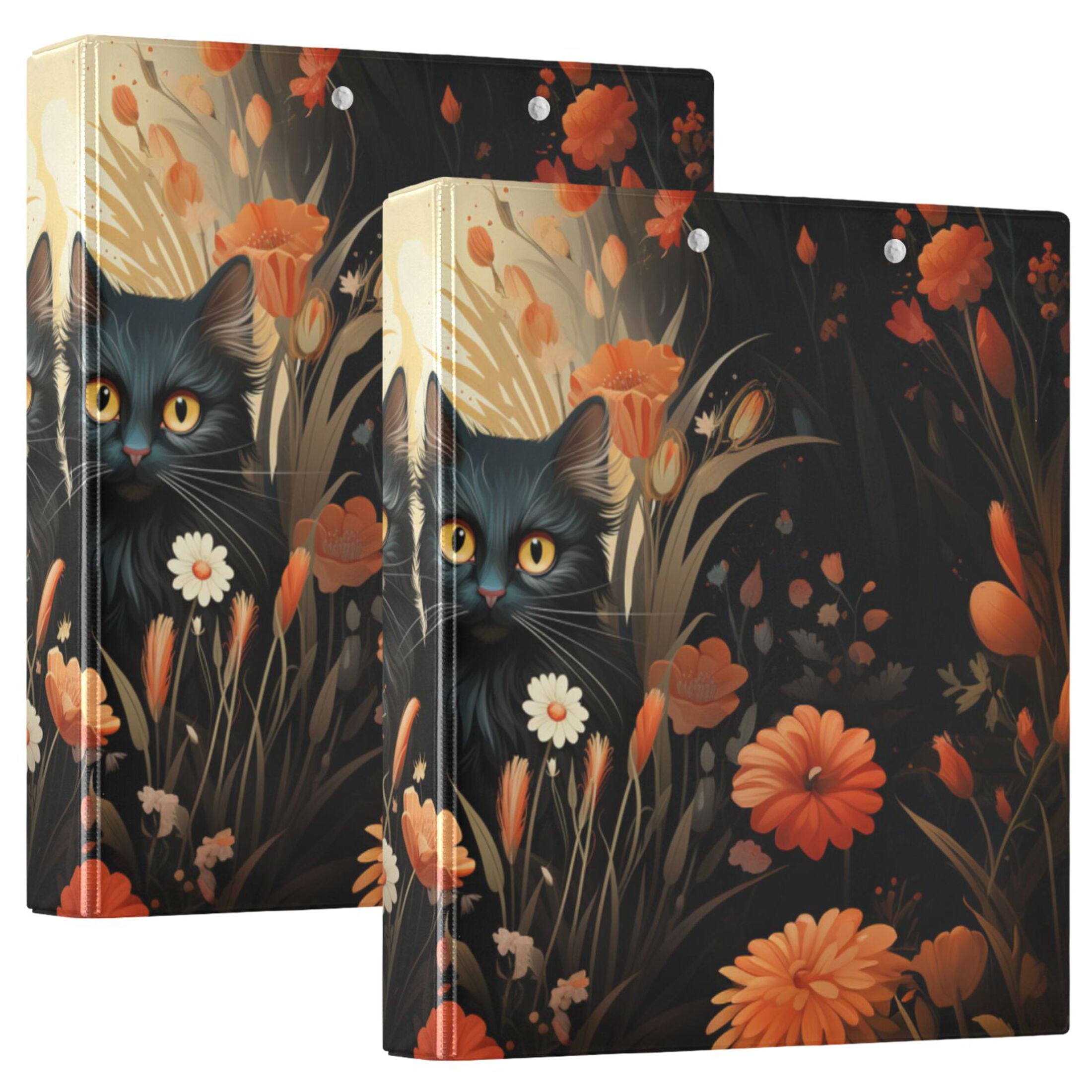Cats Flowers Leaves Black 3 Ring Binders 1.5 inch Hardcover File ...