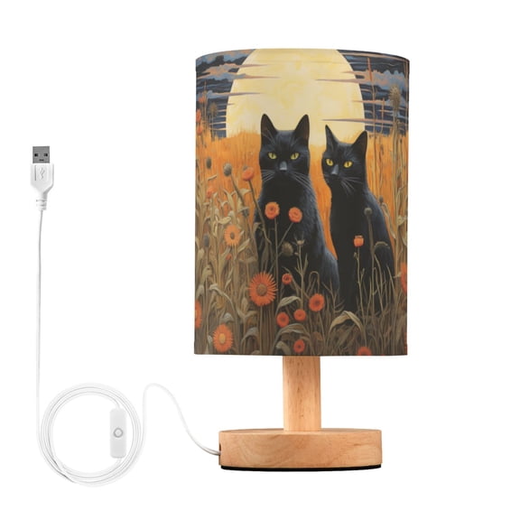 Cats Flowers and Moon Clouds Grass Table Lamp USB Bedside Desk Nightstand Lamp Printed Gifts Small Lamp Wood Base for Bedroom Living Room Kids Room College Dorm