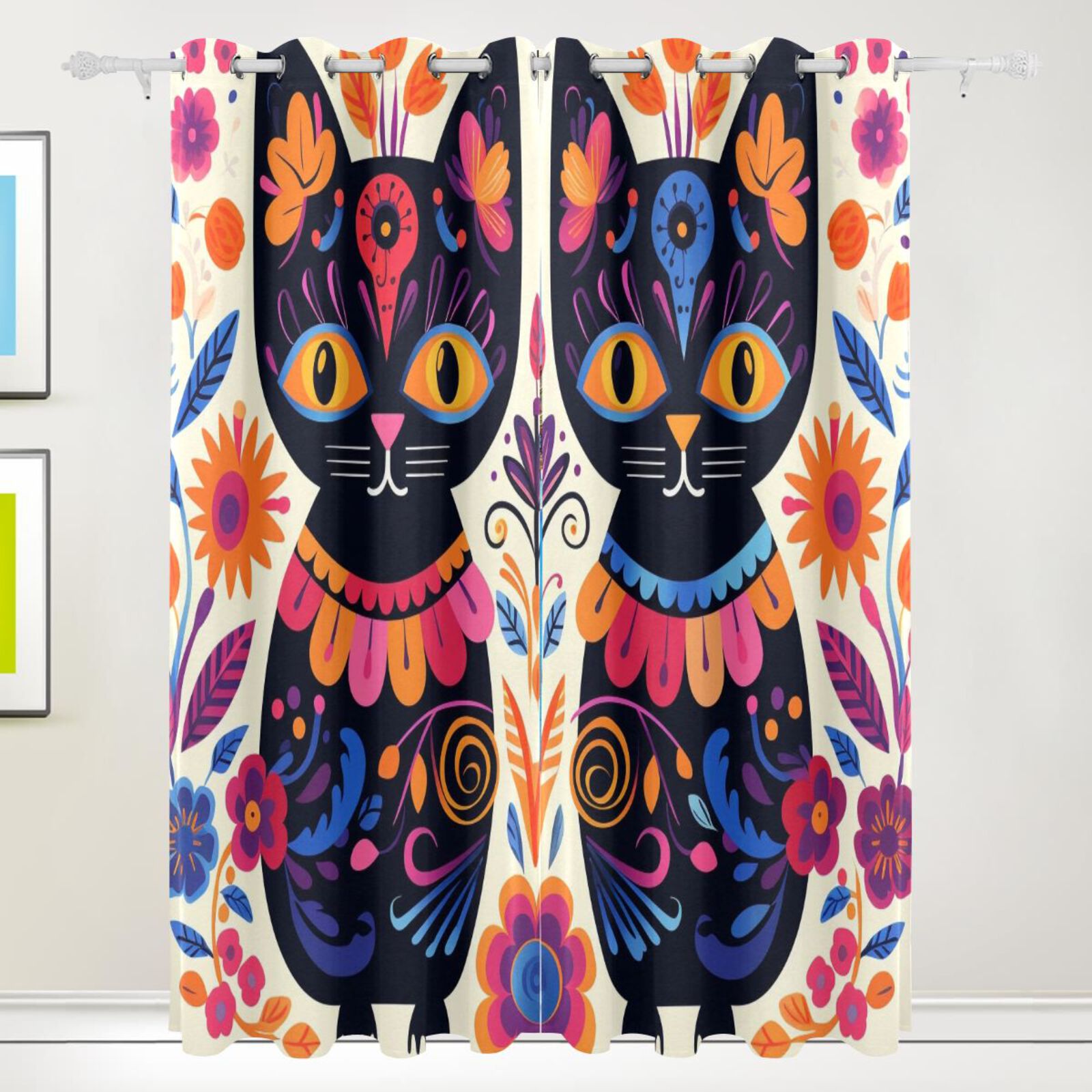 Cats Flowers Painting Black Out Curtains 72 Inch Length Curtains for Sliding Glass Doors Bedroom Living Room 2 Pack