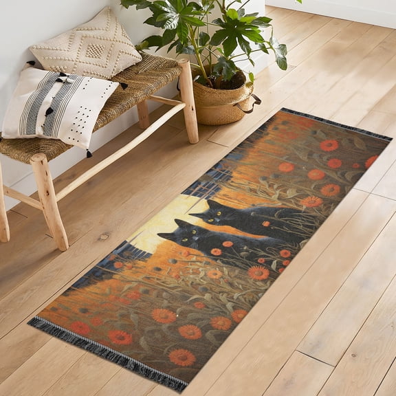 Cats Flowers and Moon Clouds Grass Runner Rug Machine Washable Area Rugs Carpet Non Slip Entryway Mat for Bedroom Entryway Front Door