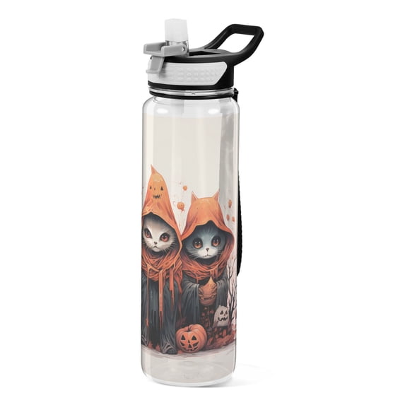 Cats Halloween Pumpkin Sports Water Bottle Portable Travel Mug 32oz BPA Free Leak Proof Straw Transparent Tritan for Gym Yoga Cycling Camping