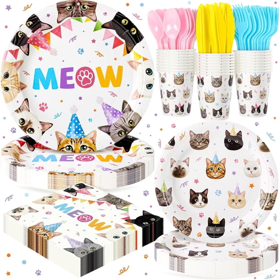 Cats Happy Birthday Party Plates Set, 168PCS Cats Themed Paper Plates Napkins Cups and Colorful Cutlery Set, 24 Set Cat Disposable Tableware Set for Birthday Party Supplies