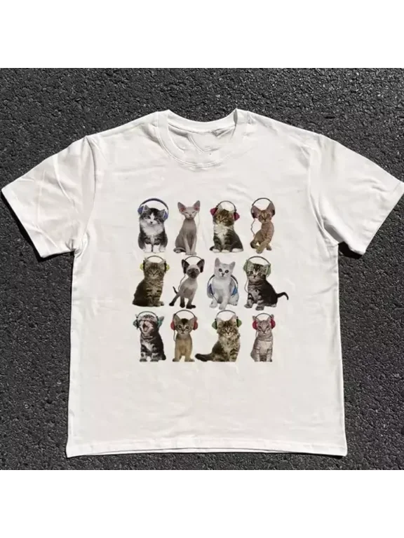 Cats Headphone Print Tee Unisex Vintage Gothic Grunge Y2K Emo Scene Streetwear Top