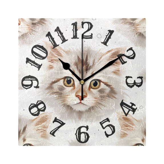 Cats Heads White Wall Clock Square Silent Non Ticking Battery Operated Clock for Home Bathroom Kitchen Bedroom Living Room