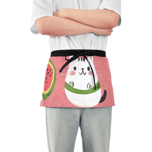 Cats Hearts Leaves Watermelons Short Server Apron with 3 Pockets for Unisex Chef Gardening
