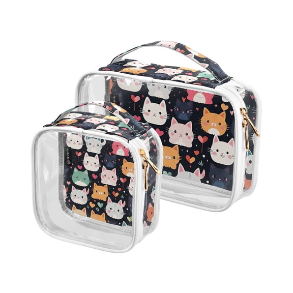 Cats Hearts and Leaves Clear Cosmetic Bags with Handles PVC Toiletry Bags Zipper Waterproof Portable for Traveling 2 Pcs