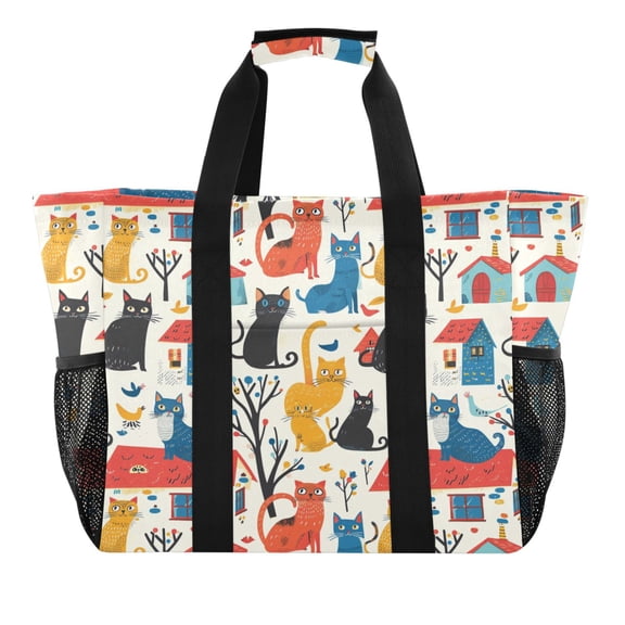 Cats House Tree Reusable Grocery Bags with Handle Side Pocket Waterproof Shopping Portable Tote