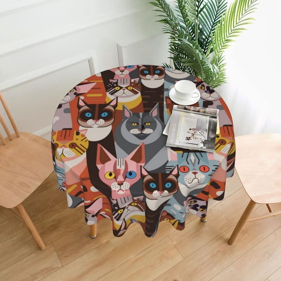 Cats In Funny Poses Tablecloths Round 60 inch Fabric Table Cloth Cover for Dining Kitchen Wedding Party