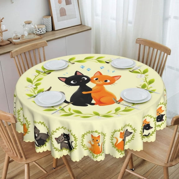 Cats In Love Wreath Pattern Round Tablecloth Waterproof Oil Proof Spill Proof Table Cloth 70" for Camping, Dining, Indoor and Outdoor Table Cover