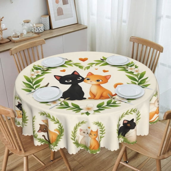 Cats In Love Wreaths Pattern Round Tablecloth Waterproof Oil Proof Spill Proof Table Cloth 70" for Camping, Dining, Indoor and Outdoor Table Cover