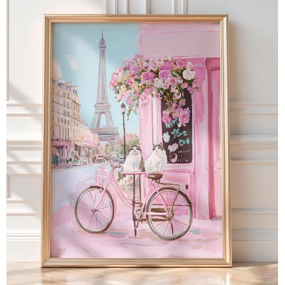 Cats In Paris Wall Art, Eiffel Tower Pink Florals, Unframed Paper Poster 24x36in