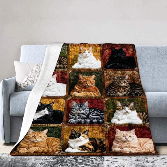Cats In Quilt Squares Pattern Flannel Throw Blankets for Couch Bed 80"x60"